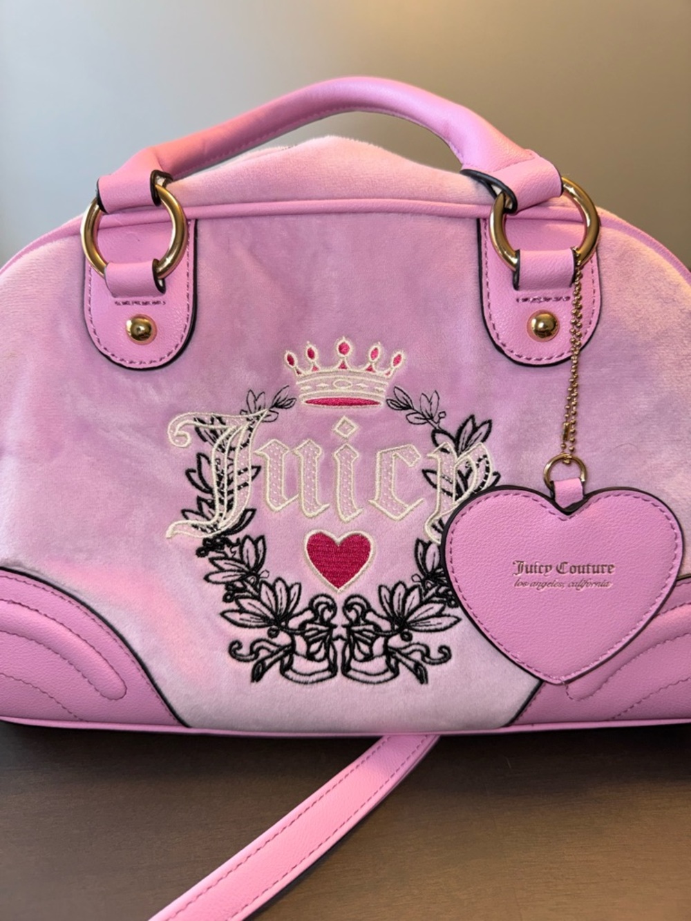 Juicy Couture Pink Velvet Satchel with Heart Charm Pendant